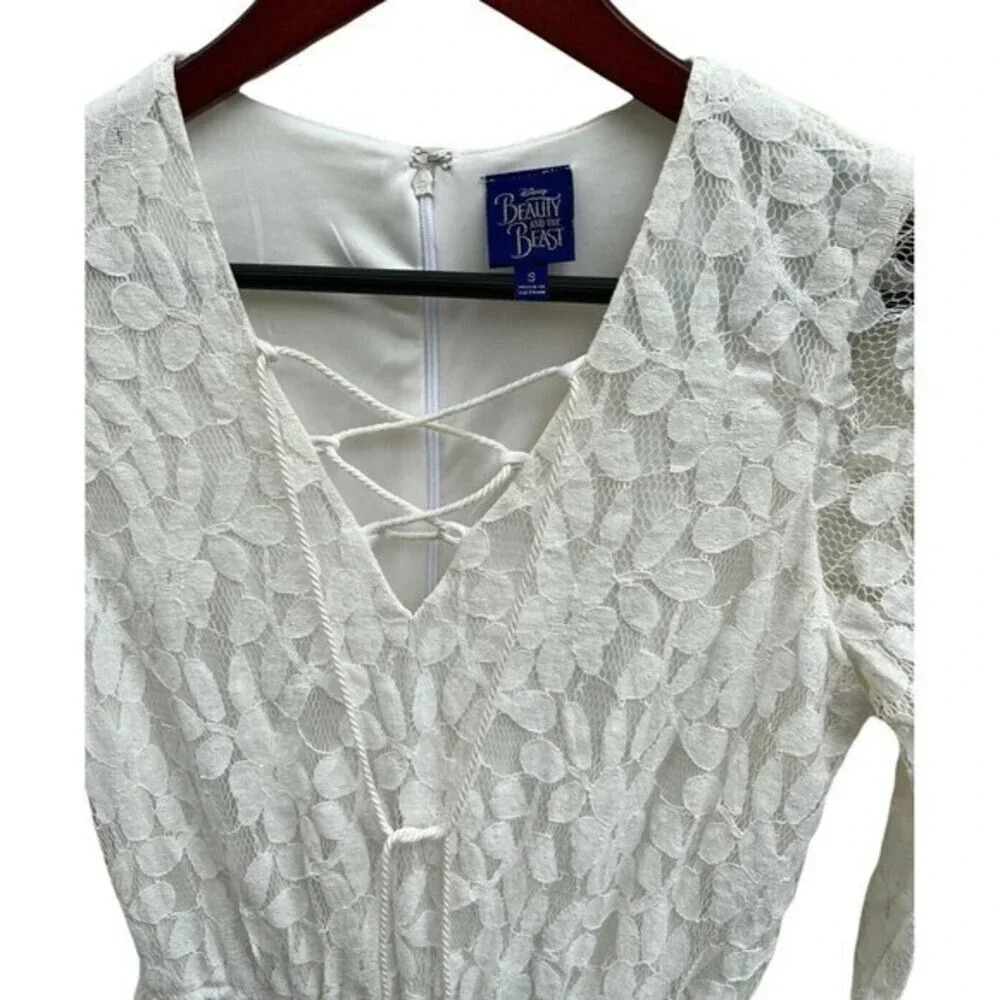 Disney Beauty And The Beast Sz S Lined Romper Playsuit White Lace Bell Sleeves - Picture 2 of 5